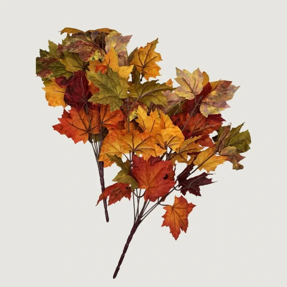 Set of 2 Faux Maple Leaf Bushes Fall Autumn Orange Red Yellow Floral Decor